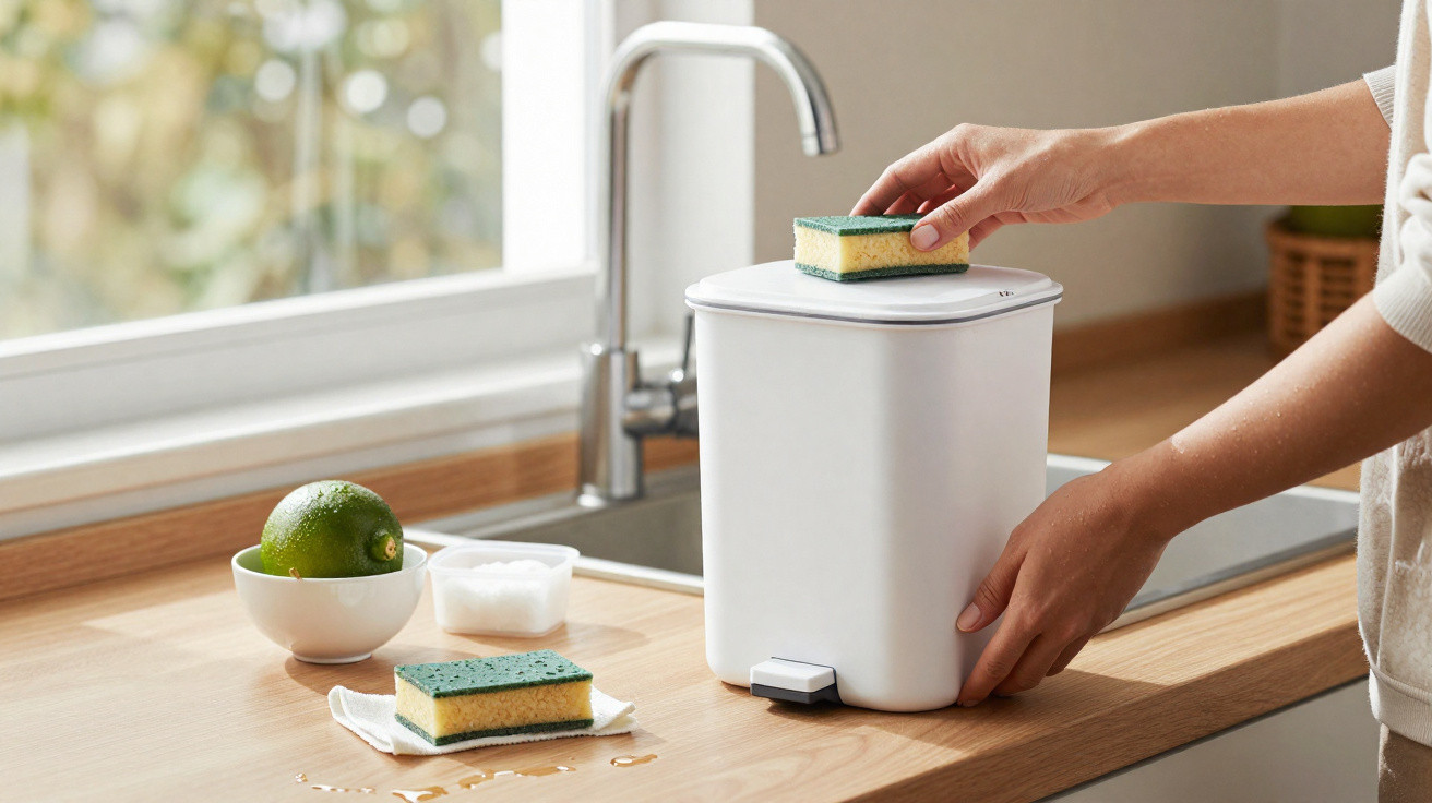 Pessoa a colocar uma esponja num contentor branco com pedal numa cozinha moderna.