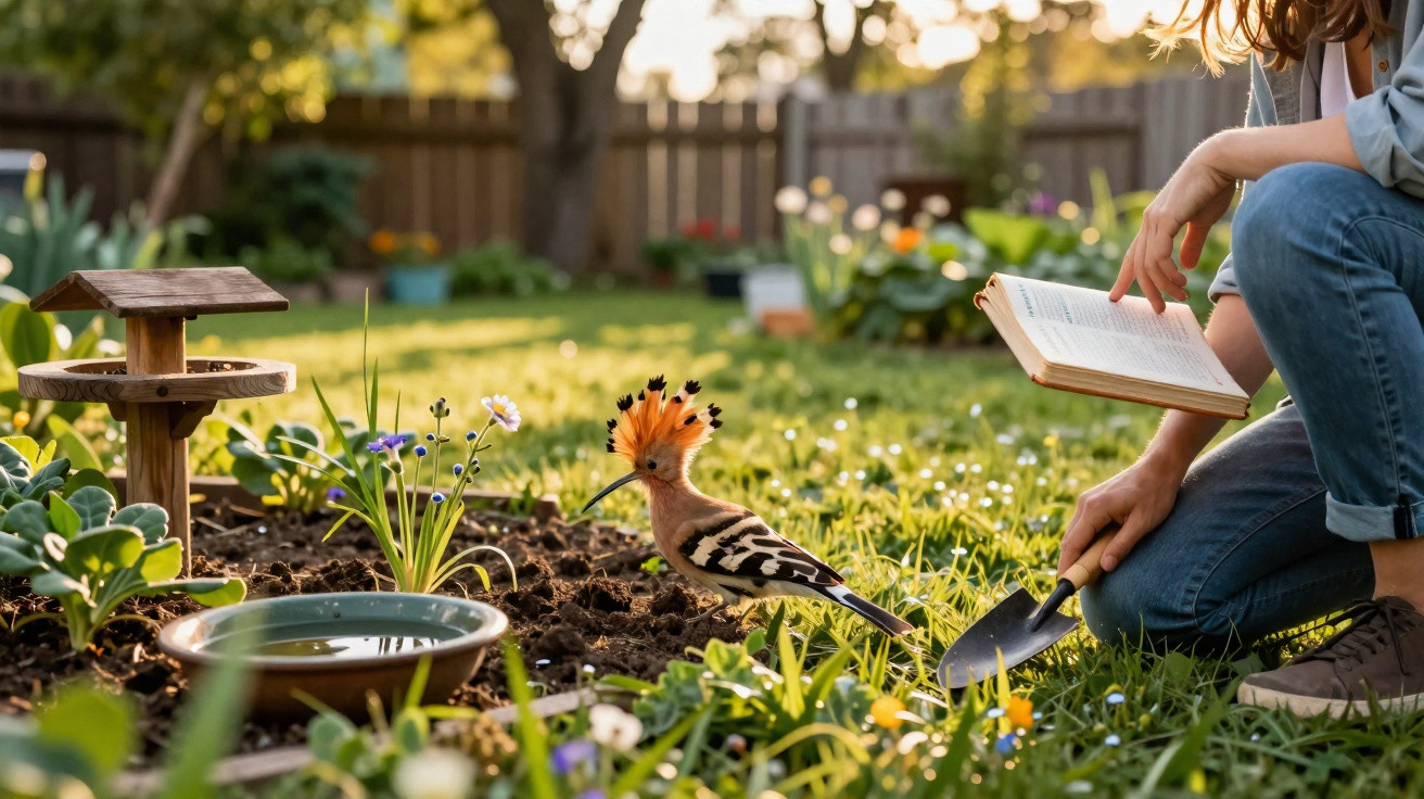 Pessoa a ler um livro e a cavar a terra num jardim com um pássaro colorido pousado na relva.