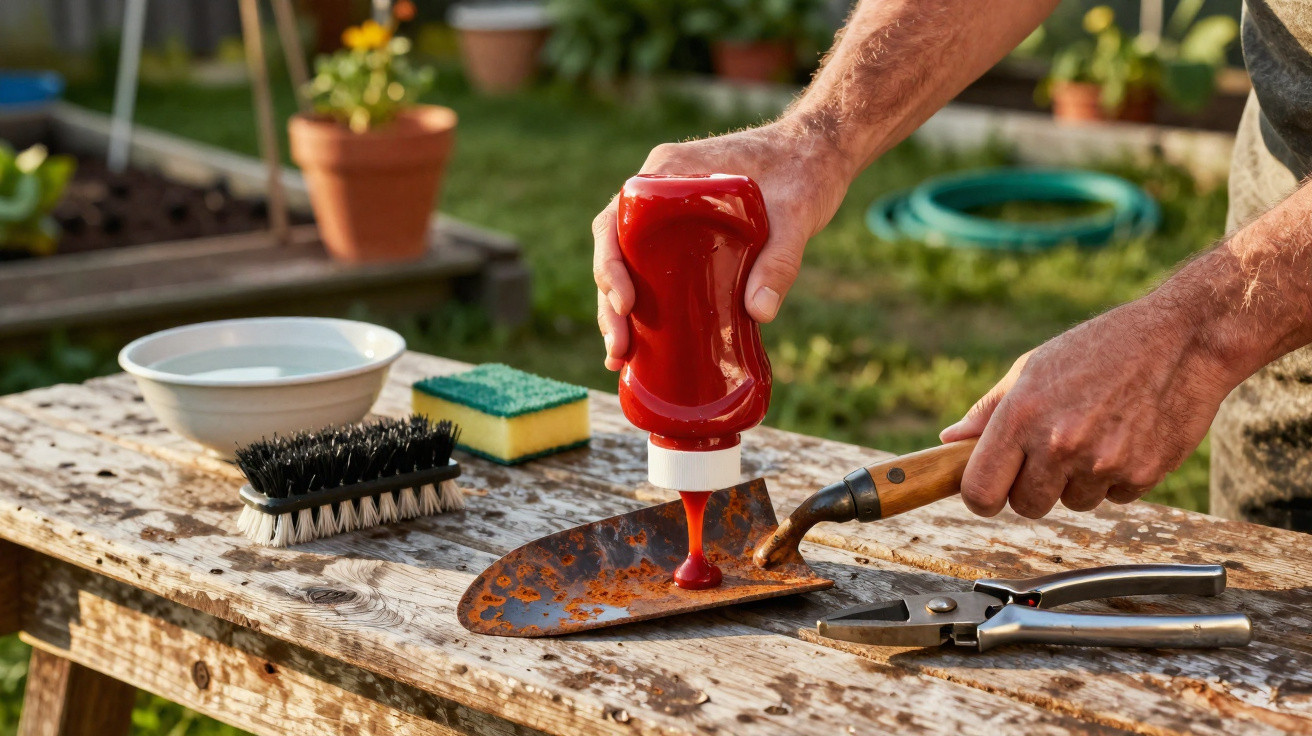 Pessoa a limpar pá de jardim enferrujada com ketchup numa mesa de madeira ao ar livre.