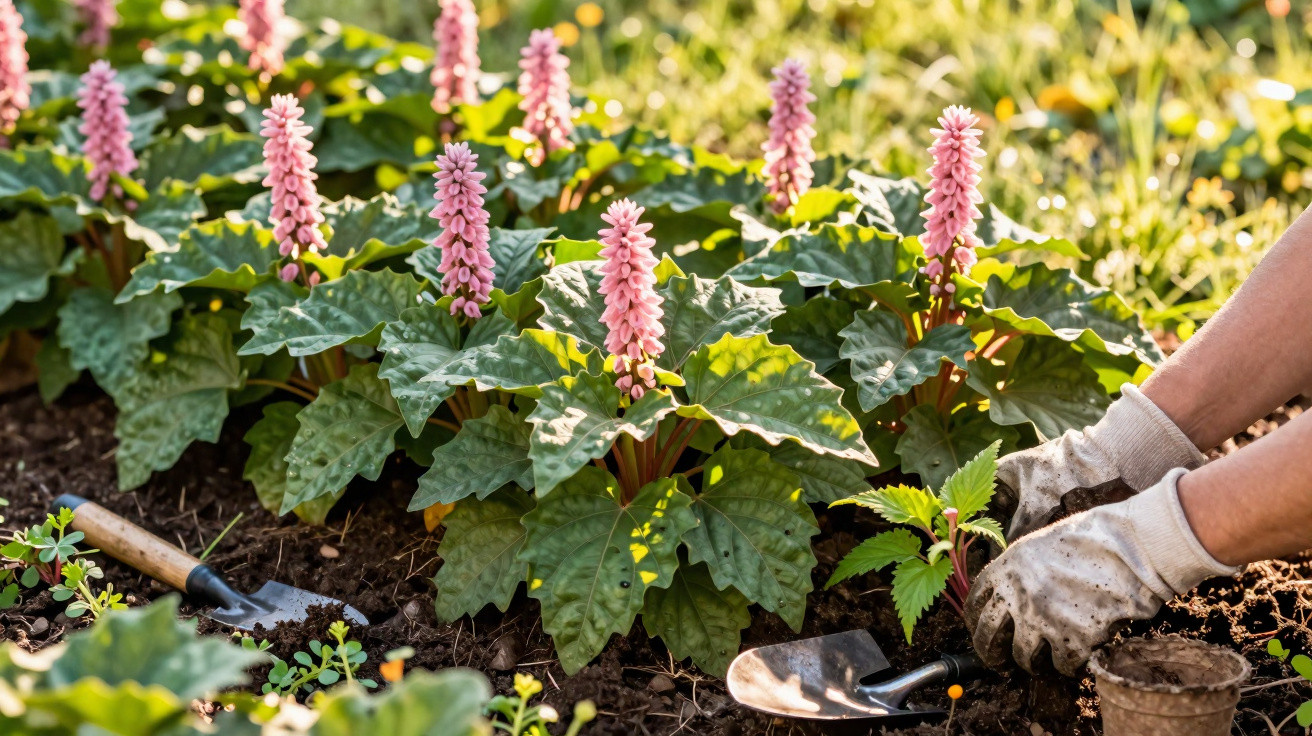 Mãos com luvas a plantar pequenas plantas numa horta com flores rosas e folhas verdes em dia soleado.