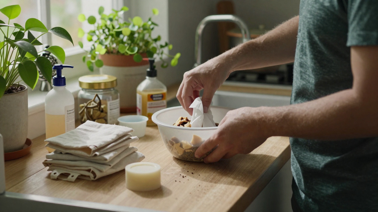 Pessoa a limpar tigela de vidro numa bancada de cozinha com plantas e produtos de limpeza.