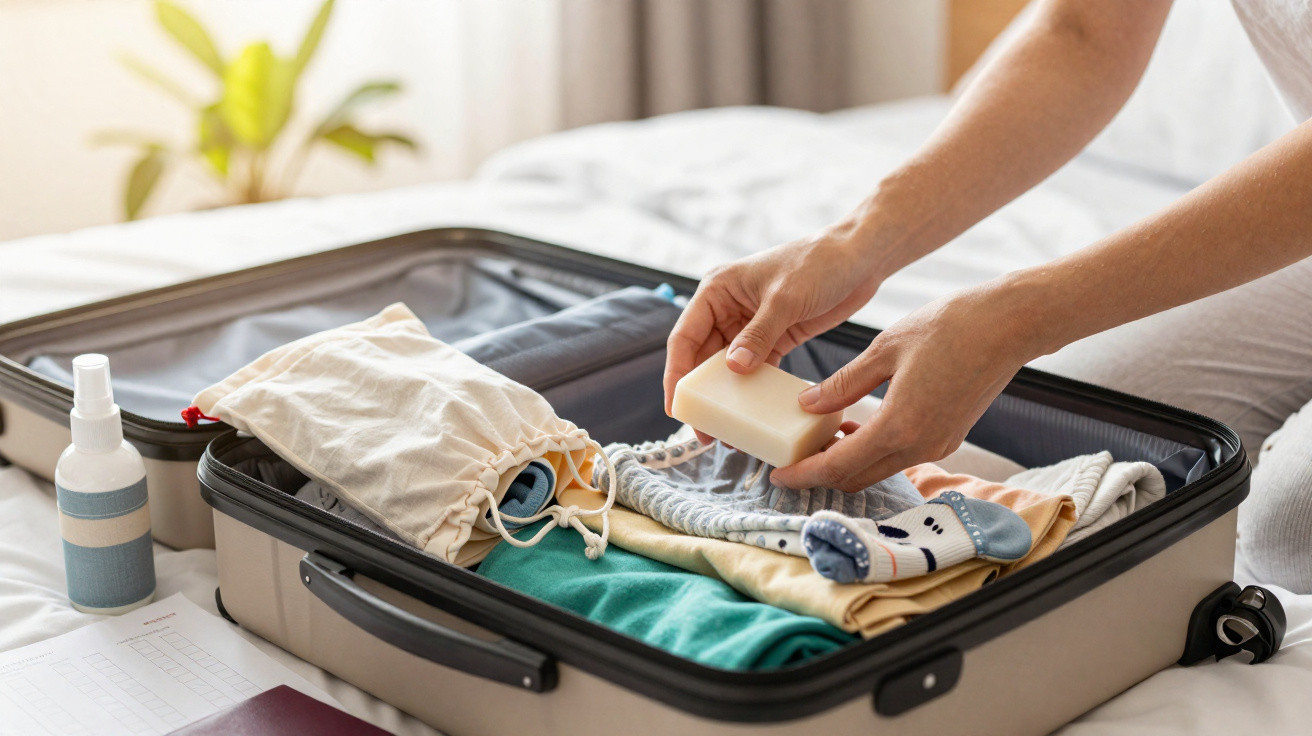 Mala aberta com roupas e uma pessoa a colocar uma barra de sabão para preparar a viagem.