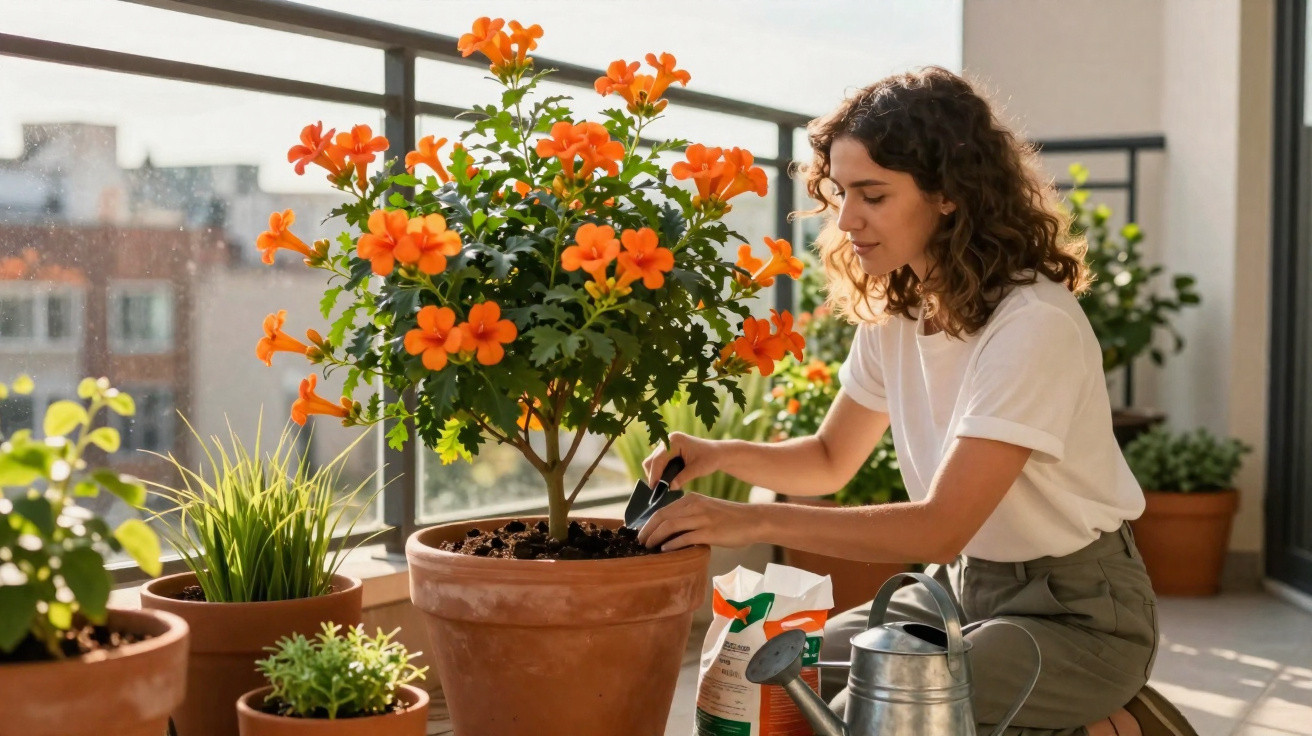 Mulher a cuidar de plantas em vaso com flores laranja numa varanda iluminada pelo sol.