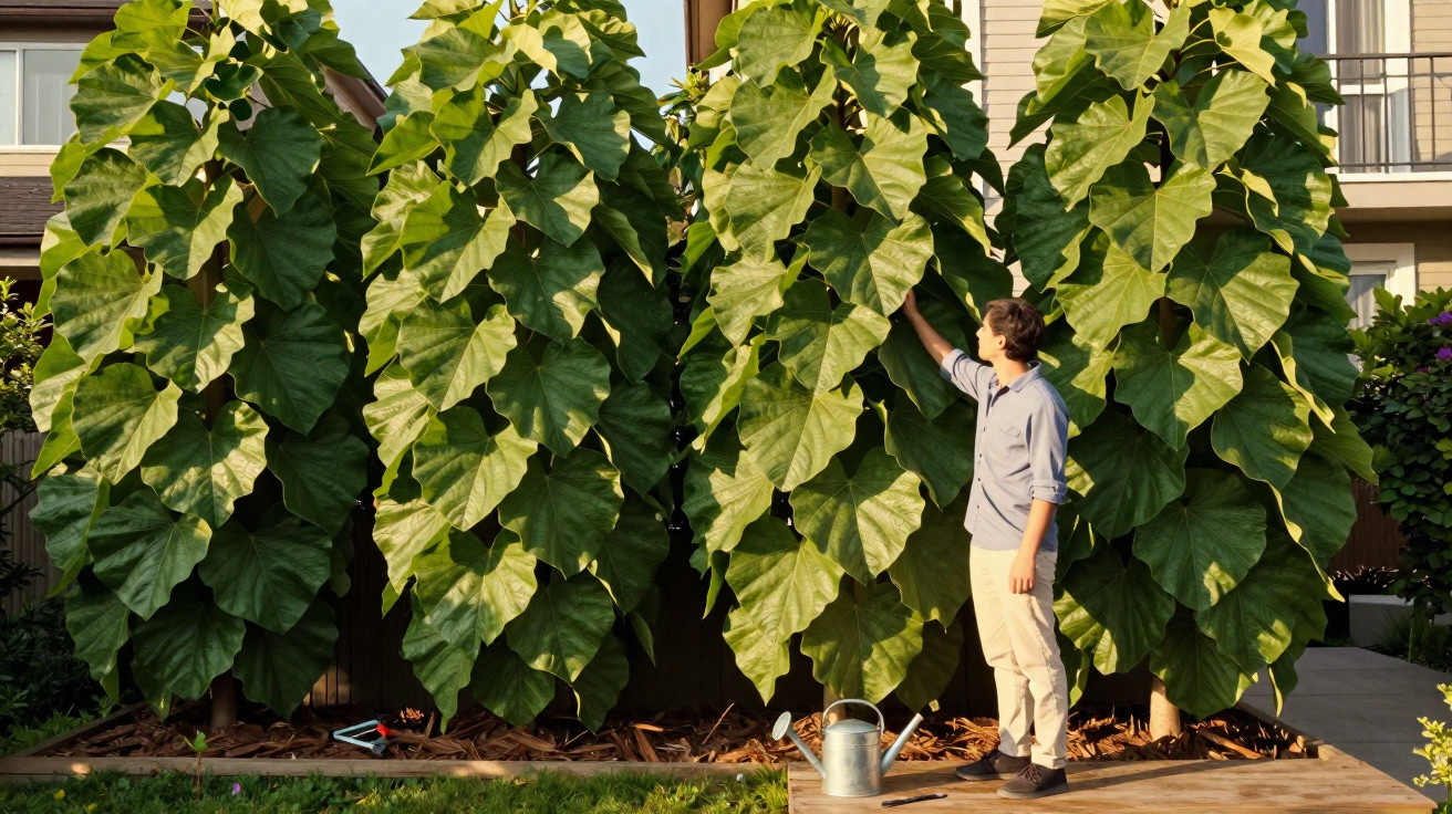 Homem de camisa azul claro observa e toca em folhas muito grandes, verdes, plantadas num jardim urbano.