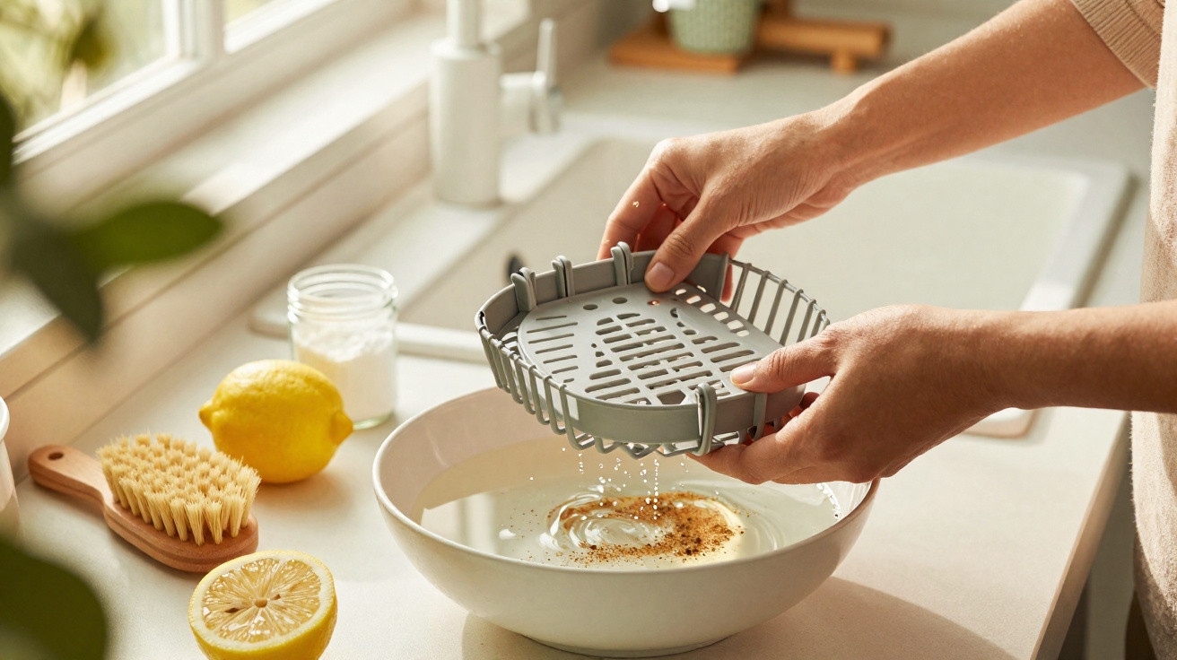 Mãos a espremer tempero sobre uma tigela com líquido numa bancada de cozinha com limões e escova.