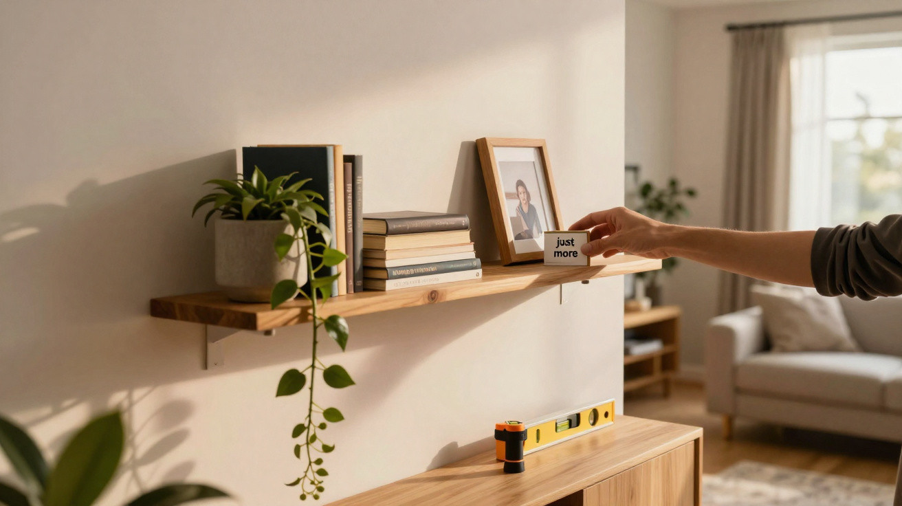 Prateleira de madeira na parede com livros, planta, moldura e mão a colocar objeto no ambiente de sala acolhedora.