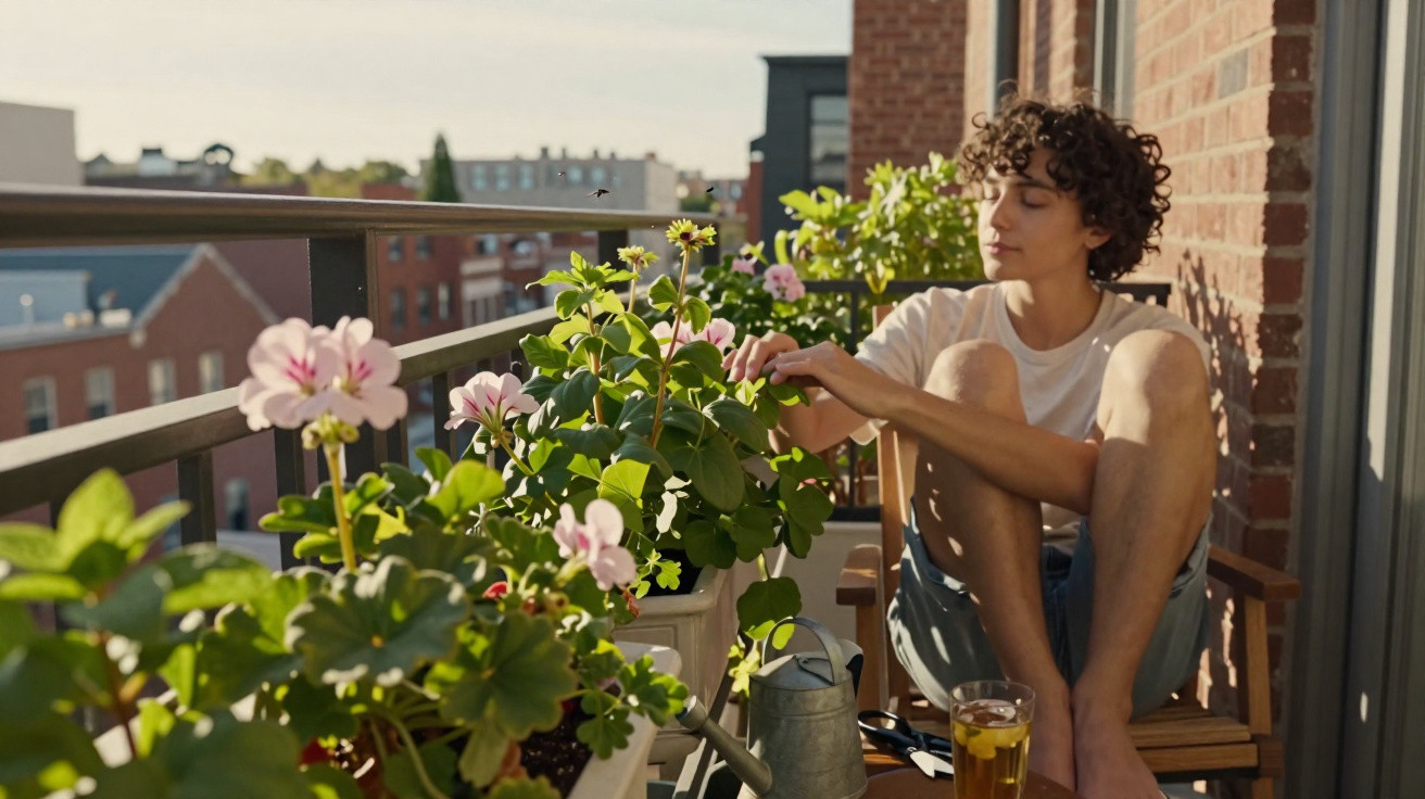 Jovem sentado num terraço a cuidar de plantas com flores em vasos ao fim da tarde.
