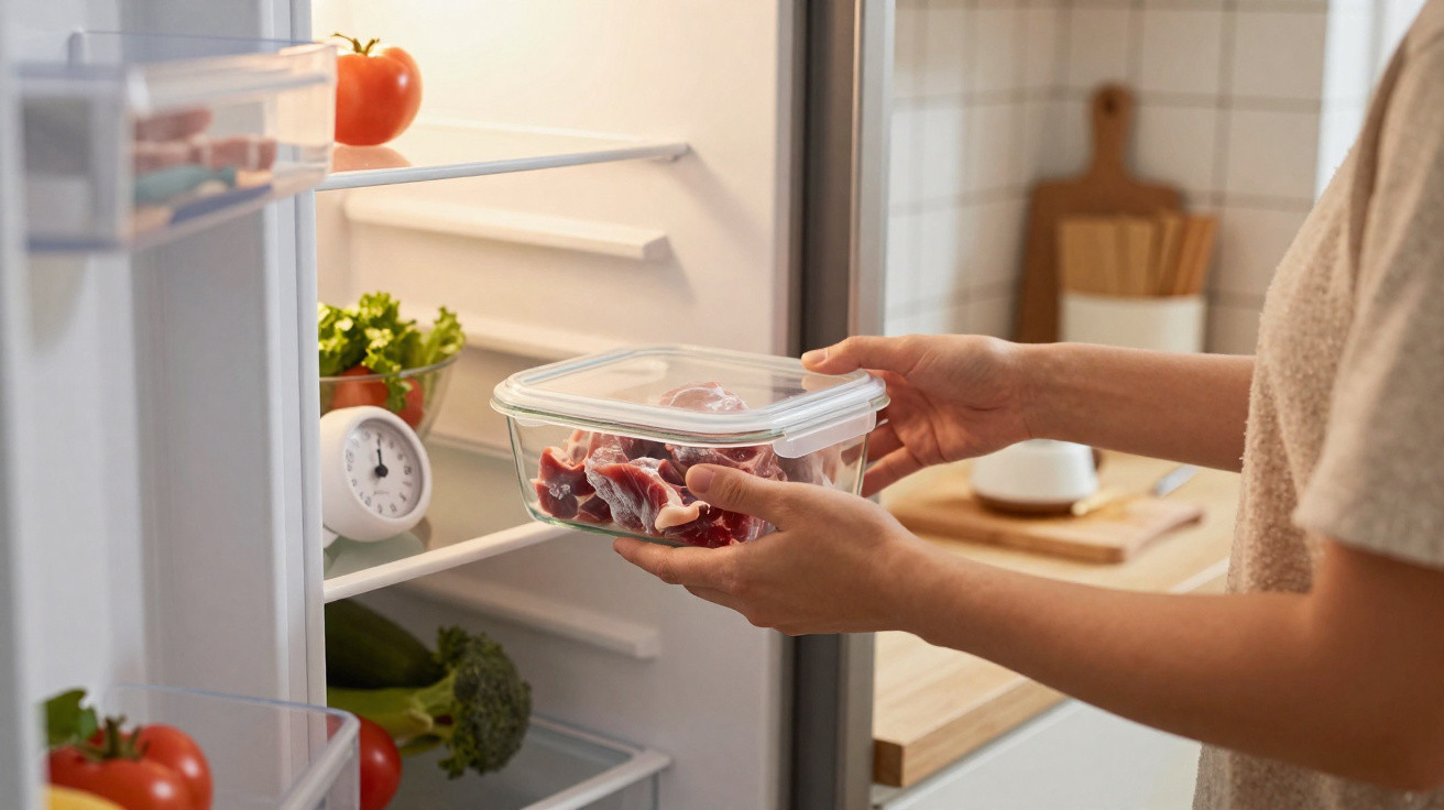 Pessoa a guardar carne crua num recipiente hermético dentro do frigorífico aberto.