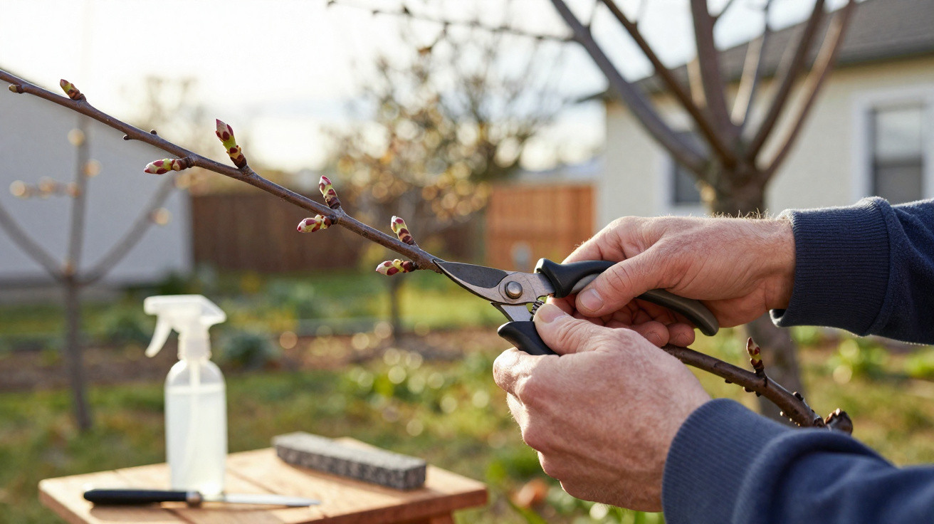 Mãos podando um ramo com tesoura de jardinagem num jardim ao ar livre, com borrifador e mesa ao fundo.