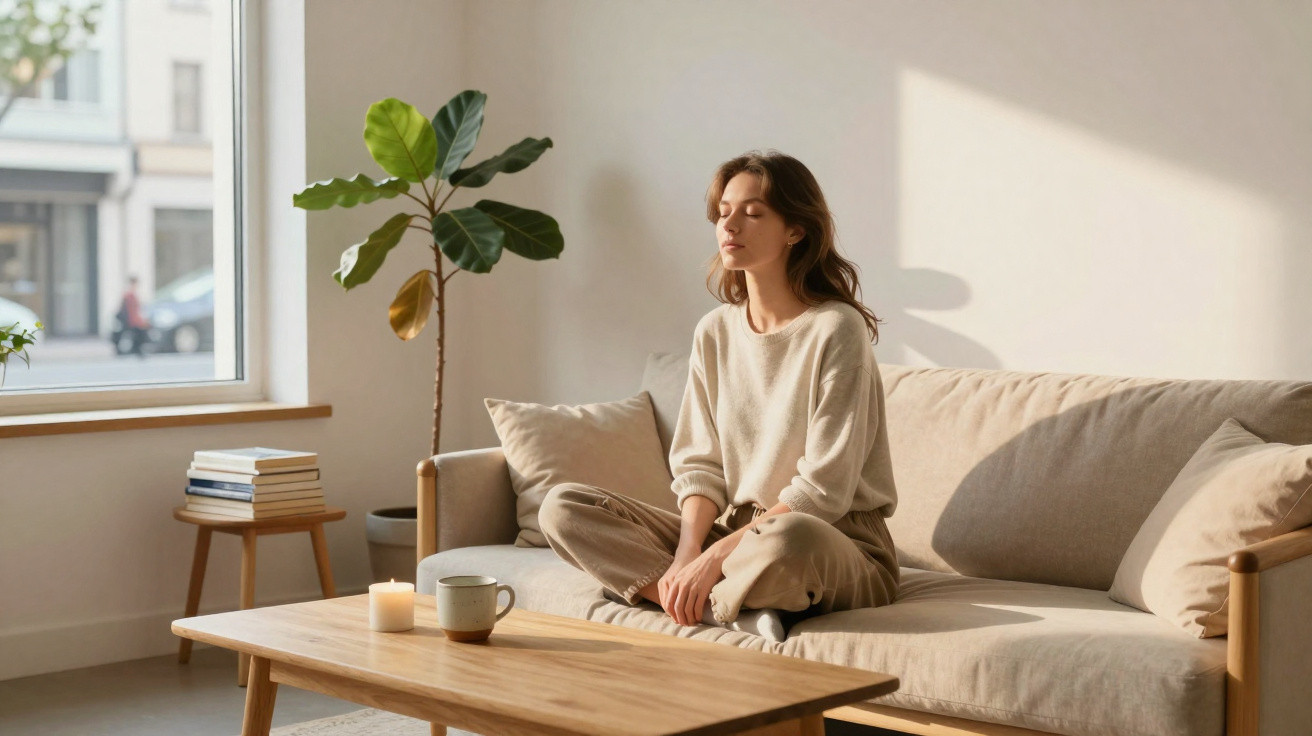Mulher sentada de pernas cruzadas no sofá a meditar num ambiente minimalista e iluminado por luz natural.