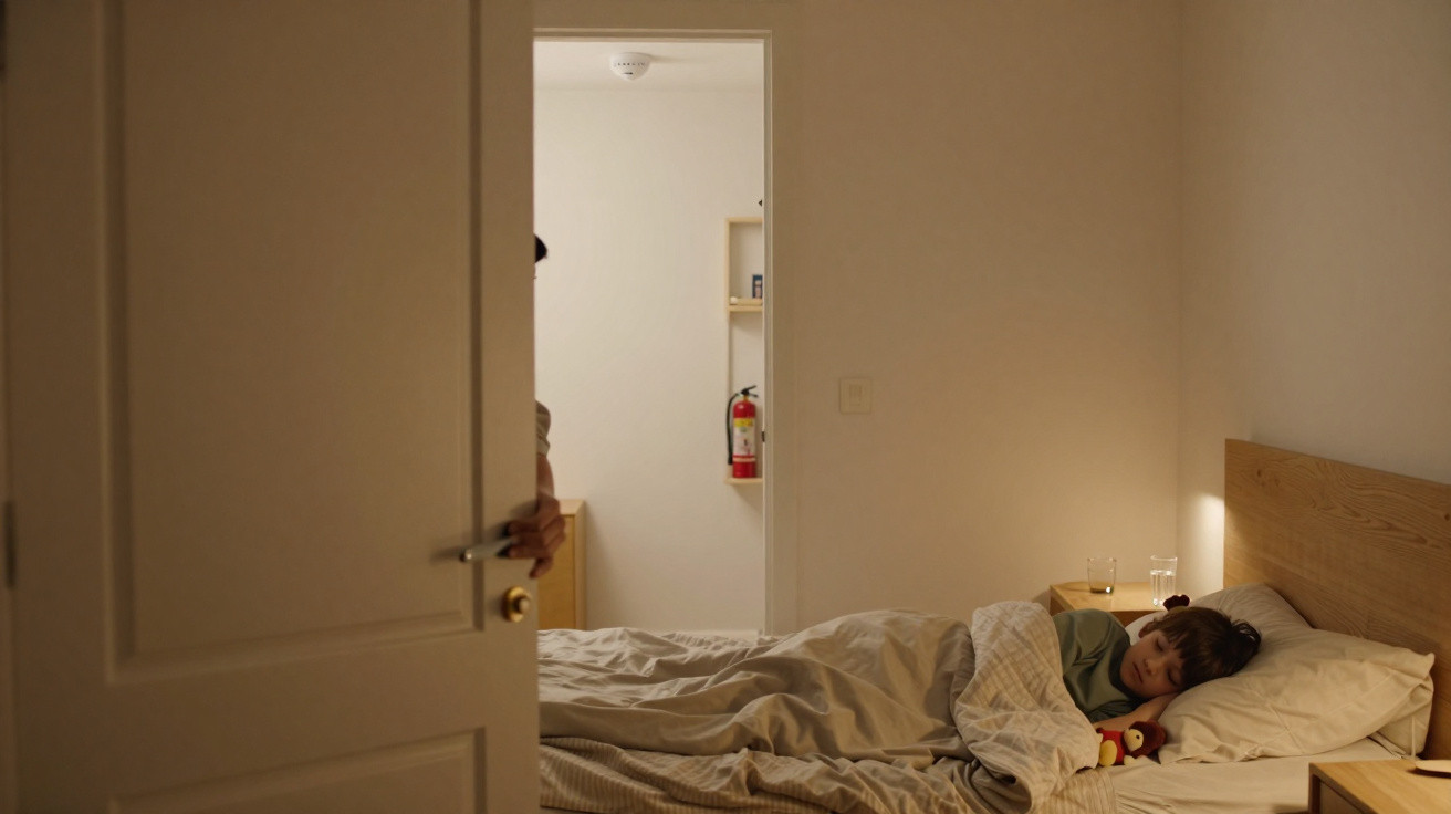 Criança a dormir na cama, vista através de porta entreaberta, com pessoa a segurar maçaneta do lado de fora.