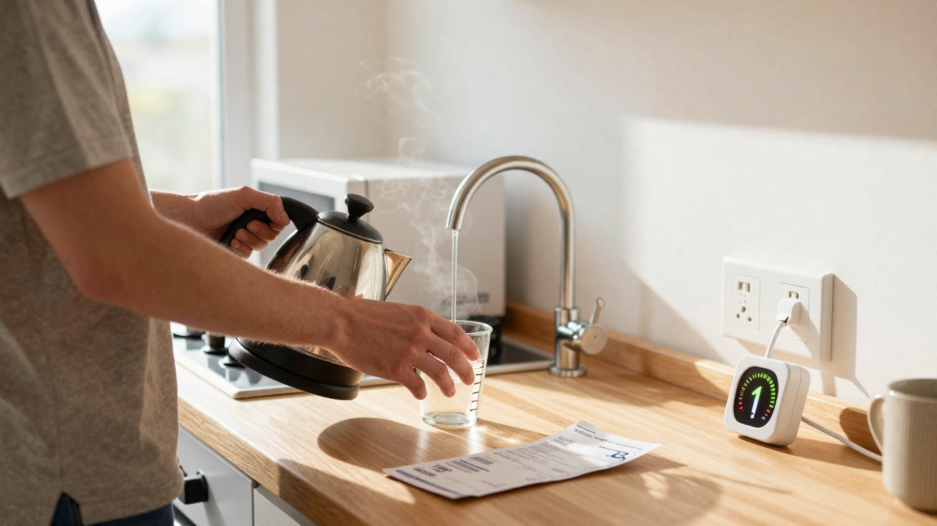 Pessoa a servir água quente de um jarro elétrico para um copo numa cozinha moderna com balcão de madeira.
