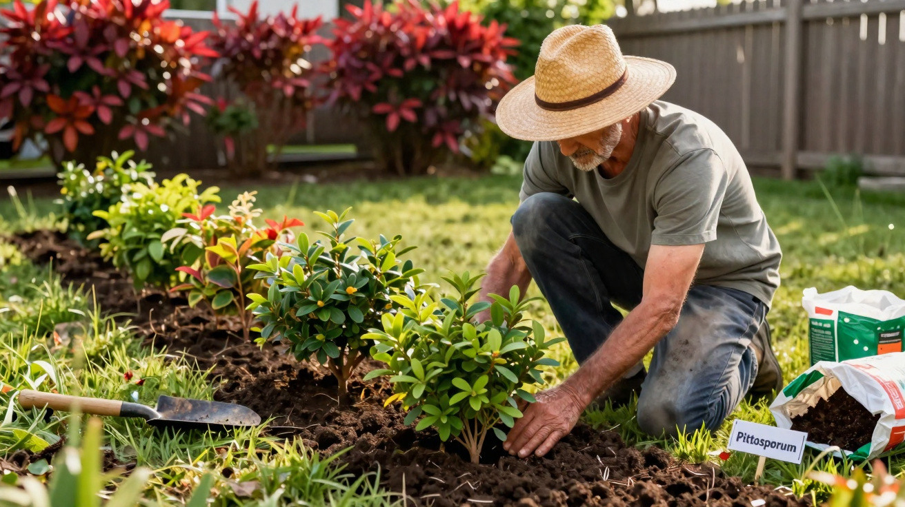 Homem de chapéu de palha a plantar arbustos Pittosporum num jardim ensolarado.