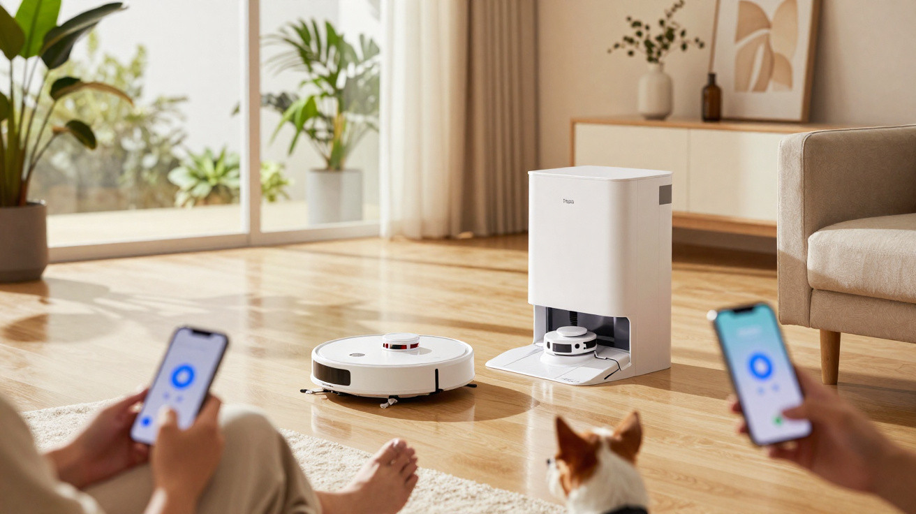 Robôs aspiradores automáticos a funcionar em sala de estar com chão de madeira, pessoas com telemóveis e cão.