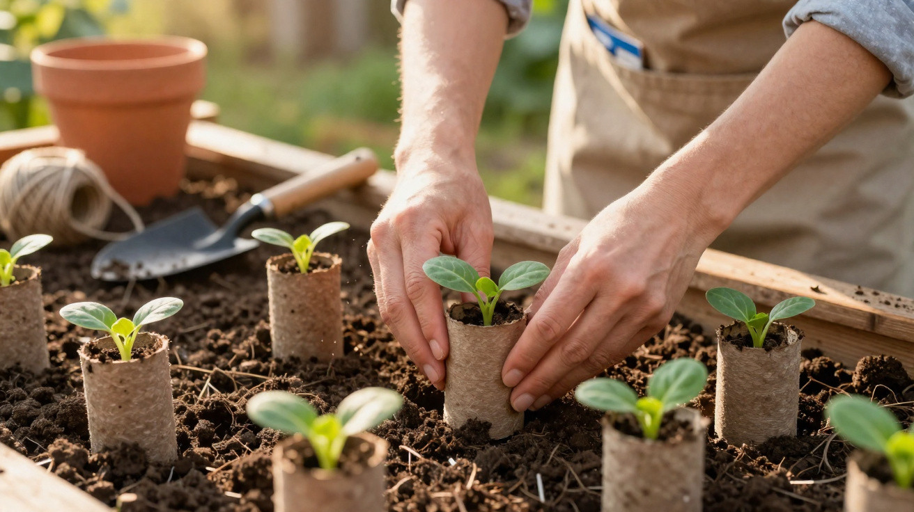 Mãos plantando pequenas mudas em vasos biodegradáveis num tabuleiro com terra para jardinagem.