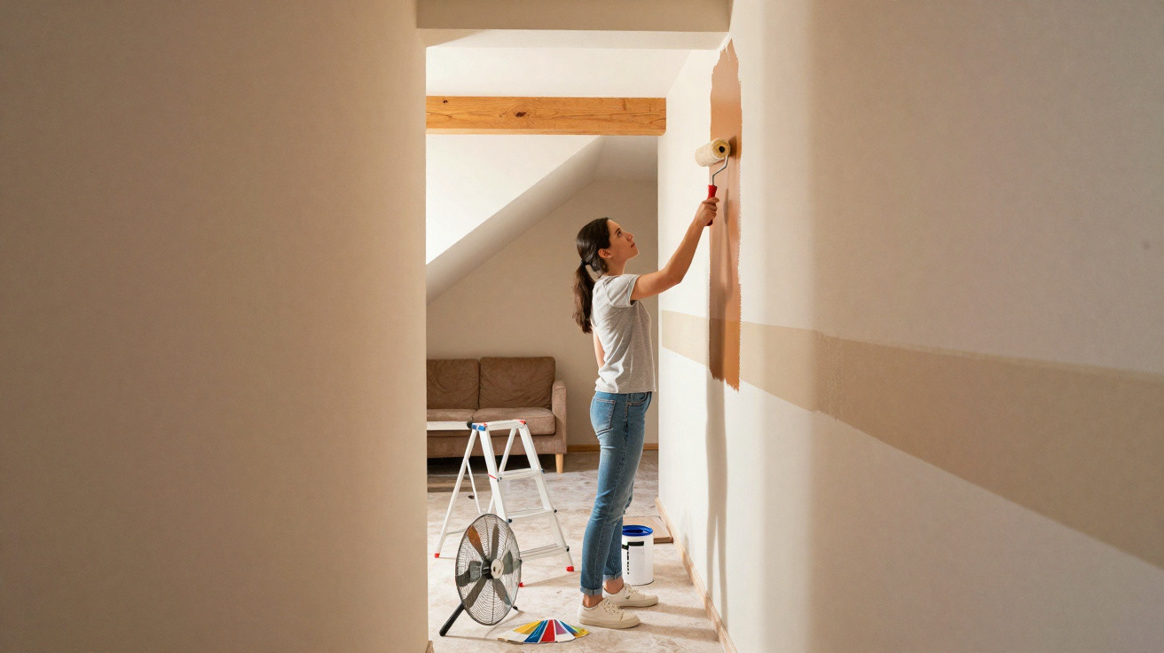 Mulher a pintar uma parede de bege com rolo numa divisão luminosa com chão protegido.