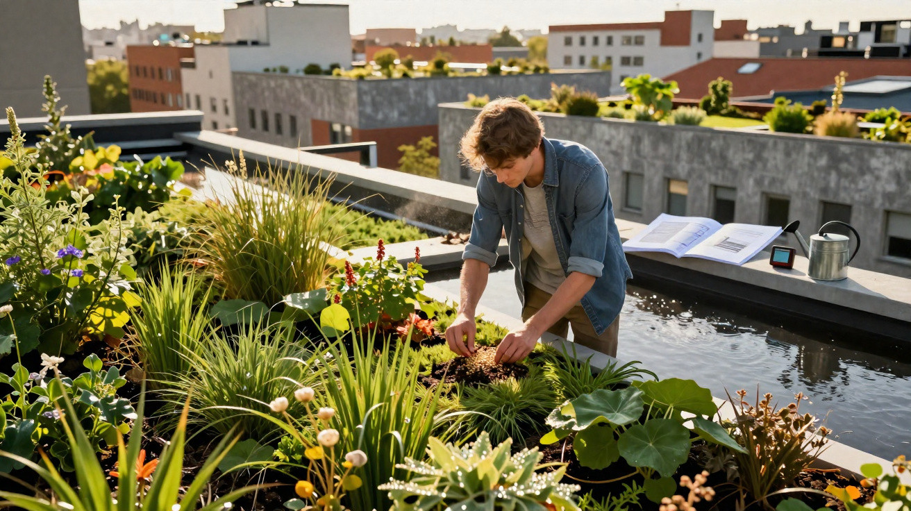 Pessoa a cuidar de plantas num jardim urbano no topo de um edifício, rodeada de edifícios e vegetação diversa.