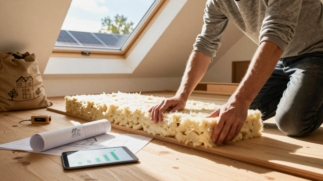 Pessoa a instalar isolamento térmico num sótão, com planta, tablet e material de construção à volta.