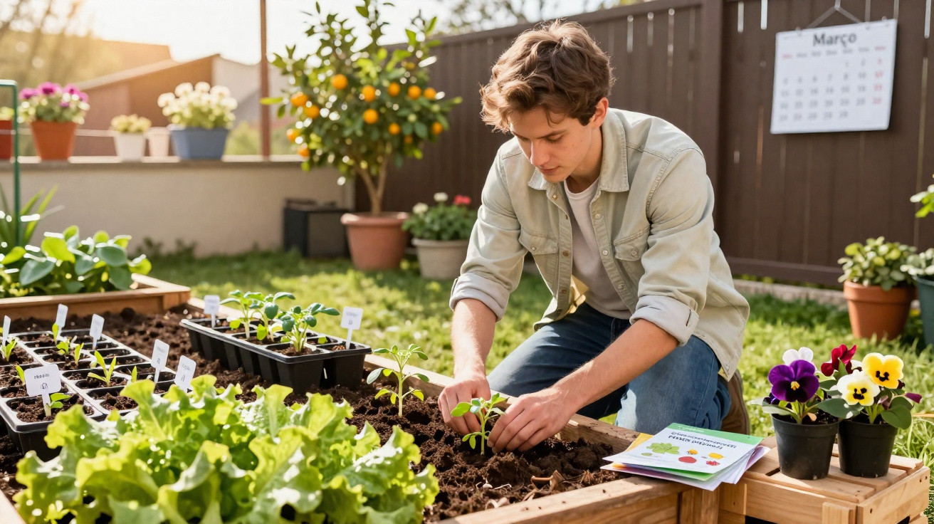 Jovem a plantar legumes num canteiro num jardim com várias plantas e flores ao redor, durante o dia.