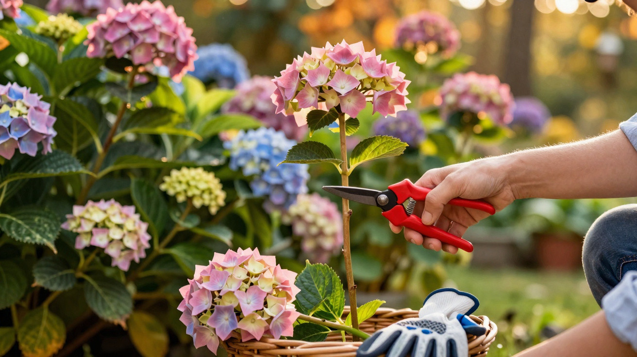Pessoa a podar flores cor-de-rosa de hortênsia num jardim com luvas e tesoura de poda vermelha.