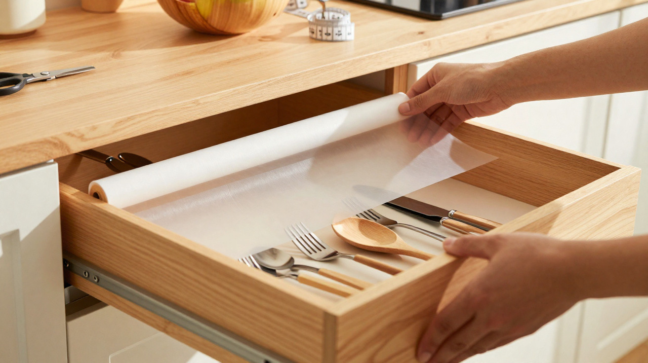 Gaveta de cozinha com talheres organizados e papel de proteção a ser colocado por uma pessoa.
