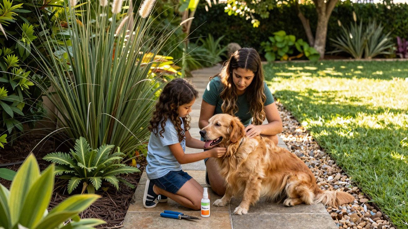 Criança e mulher a cuidar de um cão dourado num jardim ensolarado, com plantas e ferramentas à volta.