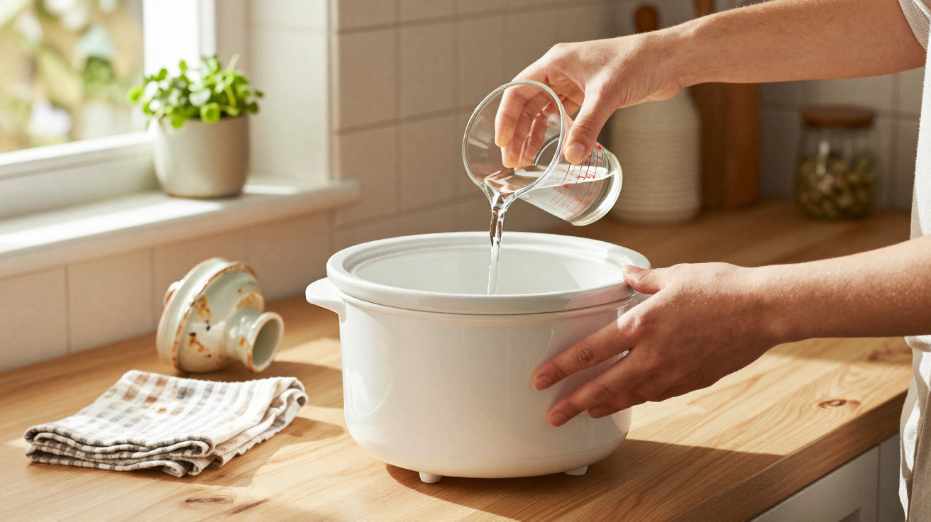 Pessoa a verter água de uma jarra para uma panela de cerâmica branca numa cozinha iluminada.