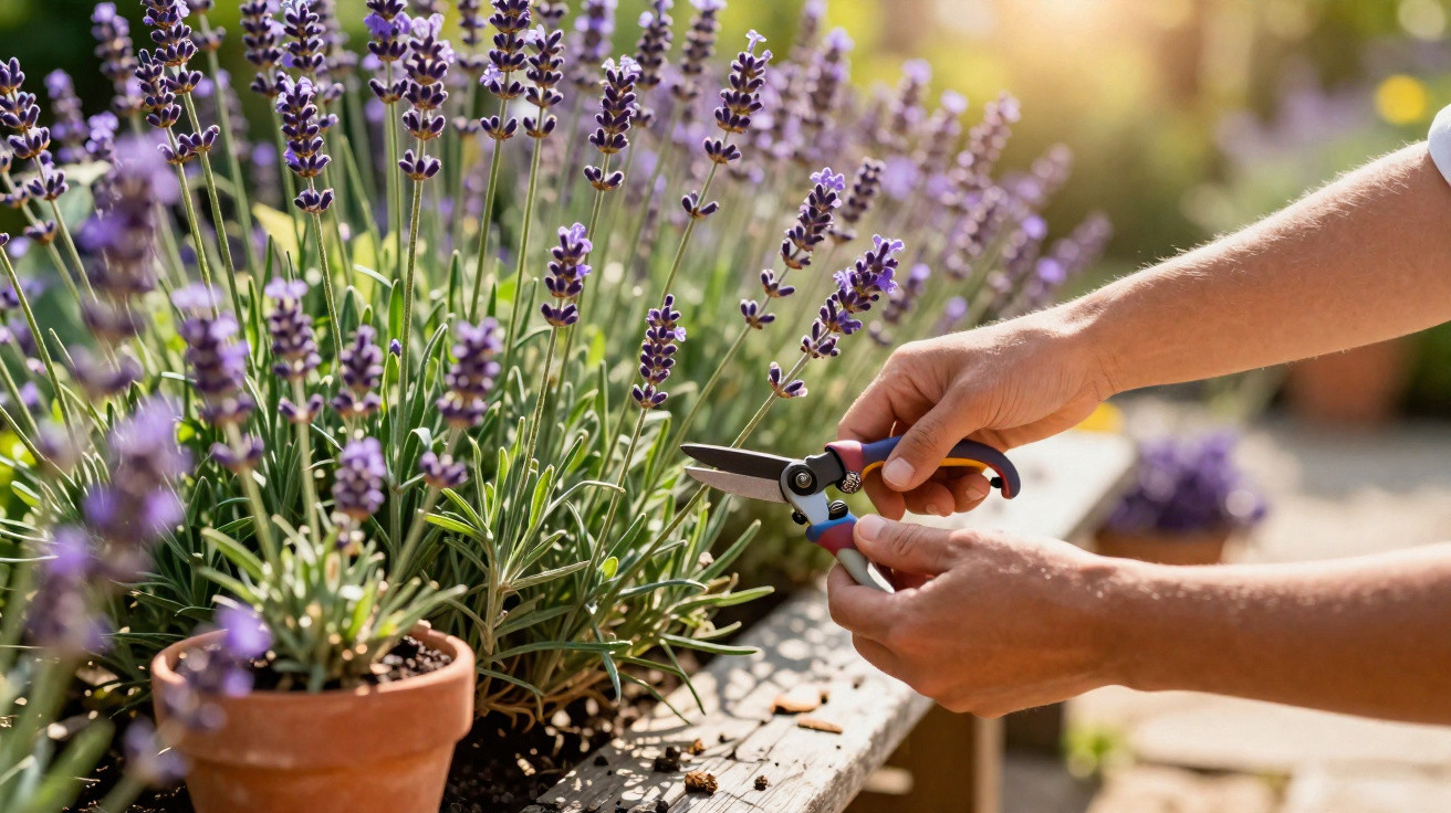 Mãos a podar raminhos de flores de lavanda roxas num vaso de barro ao ar livre ao sol.