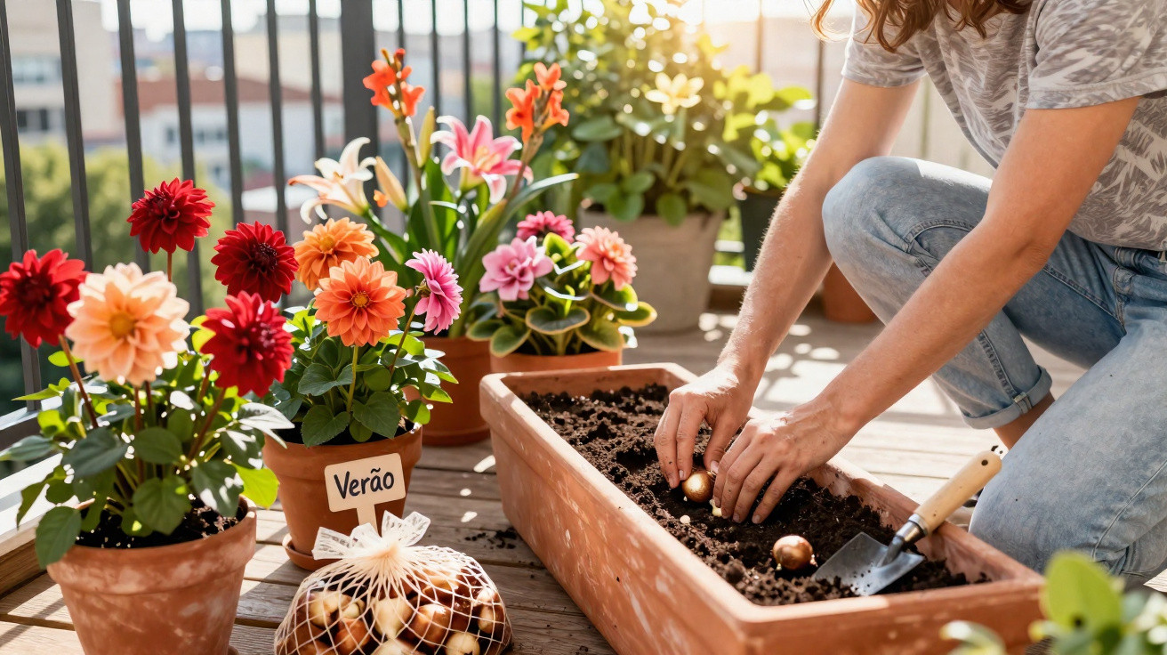 Pessoa a plantar bulbos de flores num vaso longo numa varanda com várias plantas floridas ao sol.