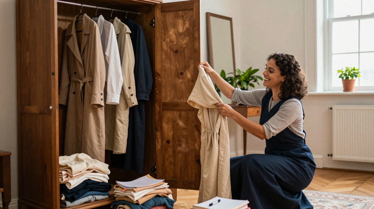 Mulher a organizar roupas num guarda-roupa de madeira numa divisão luminosa com plantas.