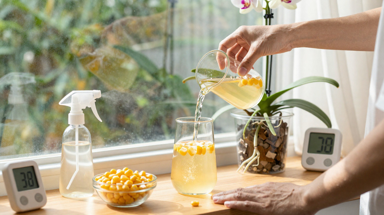 Mãos a verter bebida amarela com bolinhas para copo numa janela com planta, spray e termómetros digitais.