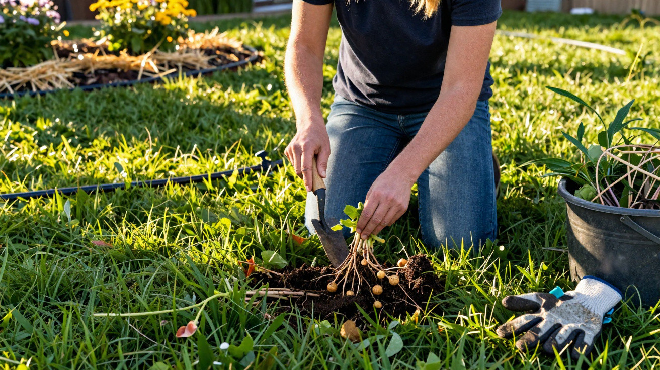 Pessoa a transplantar plantas pequenas num jardim com luvas e ferramentas de jardinagem ao lado.