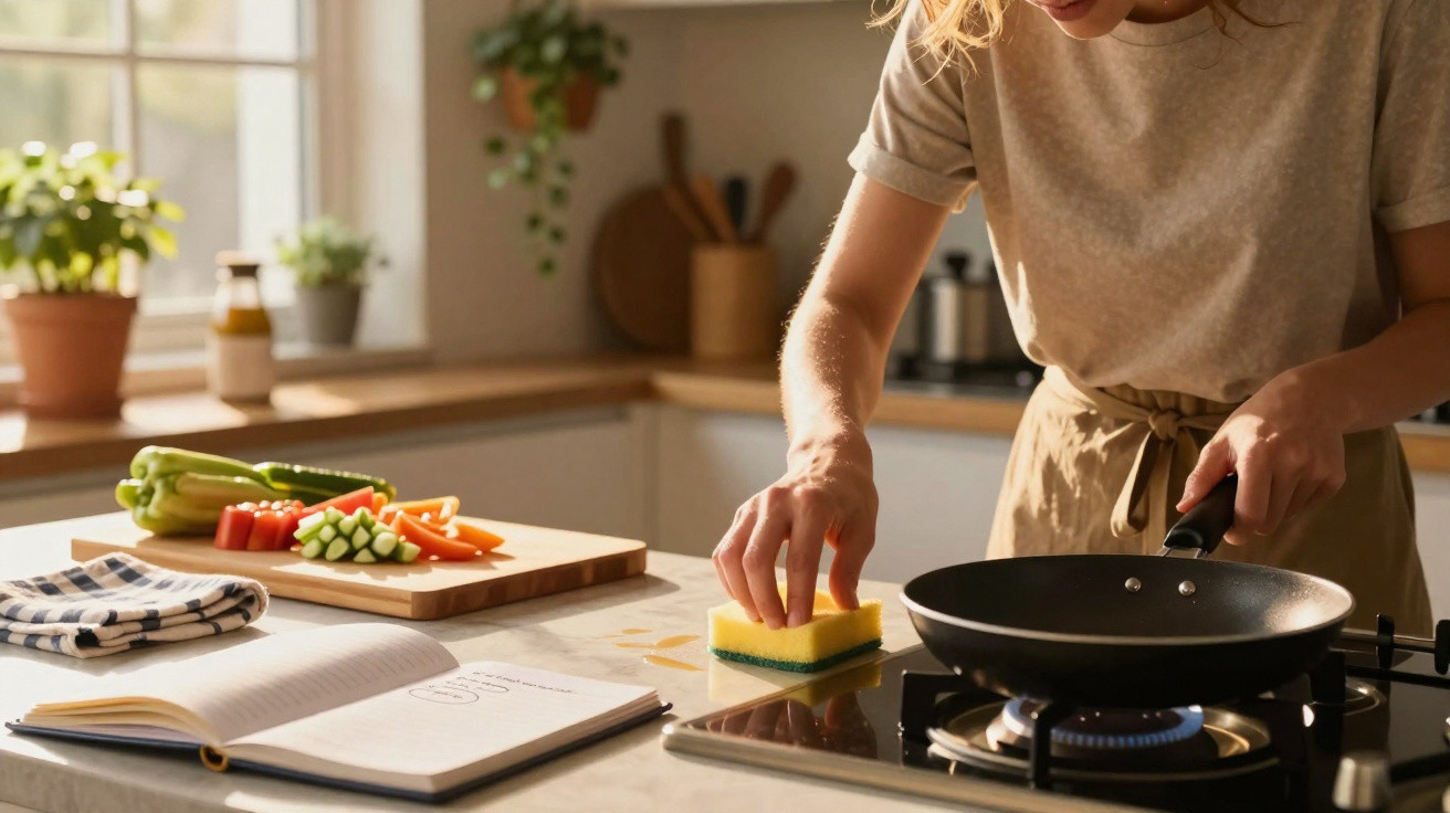 Pessoa a limpar fogão na cozinha com legumes cortados e livro de receitas aberto na bancada.