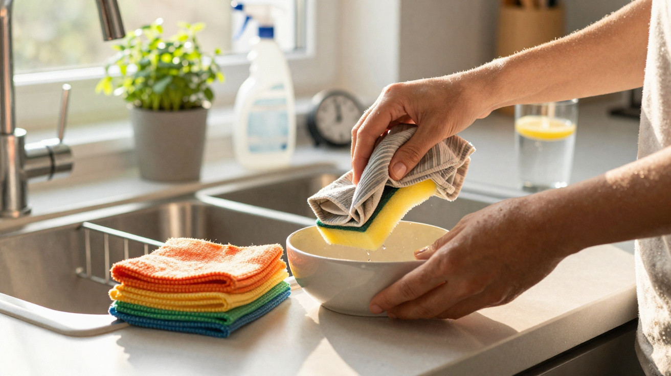 Mãos a lavar uma taça branca na cozinha com esponja e pano, perto de panos coloridos dobrados.