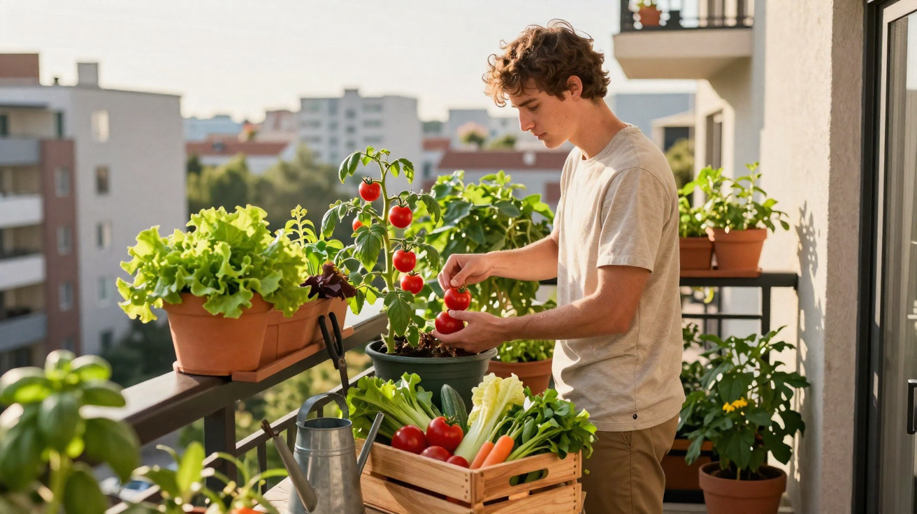 Homem a colher tomates num jardim urbano com várias plantas e legumes num terraço de apartamento.