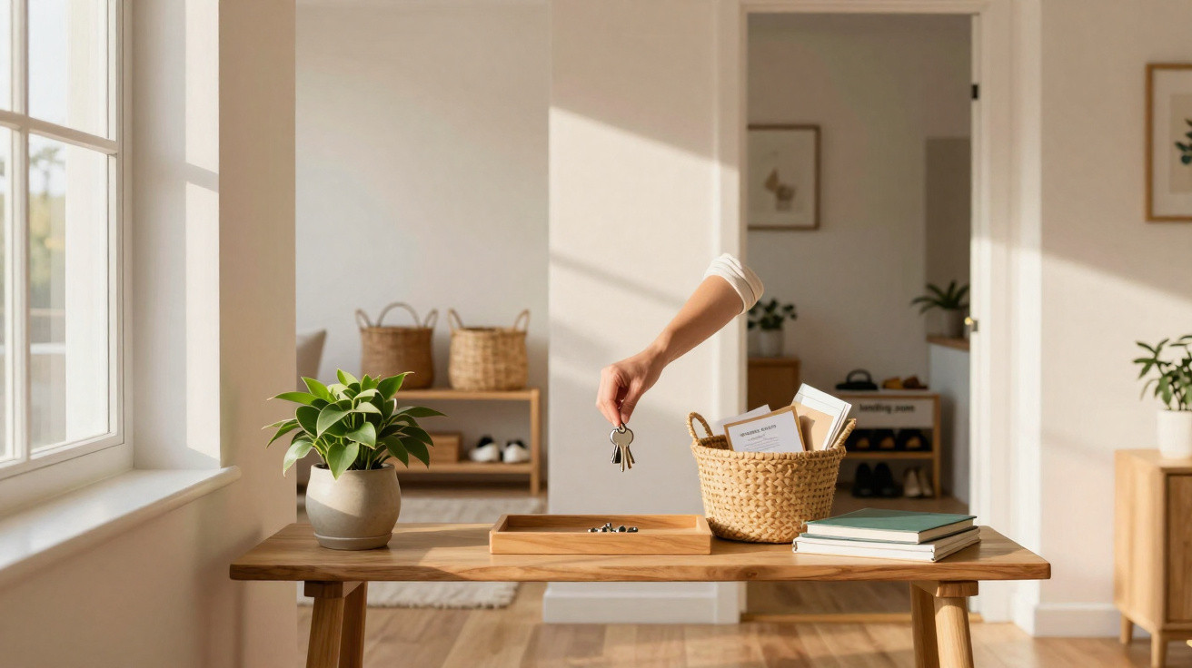 Mão a deixar chaves numa mesa de madeira com plantas, livros e cesta numa sala iluminada.