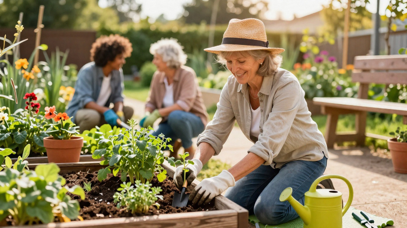 Mulher sorridente a jardinar em canteiro elevado, com duas pessoas ao fundo no jardim ensolarado.