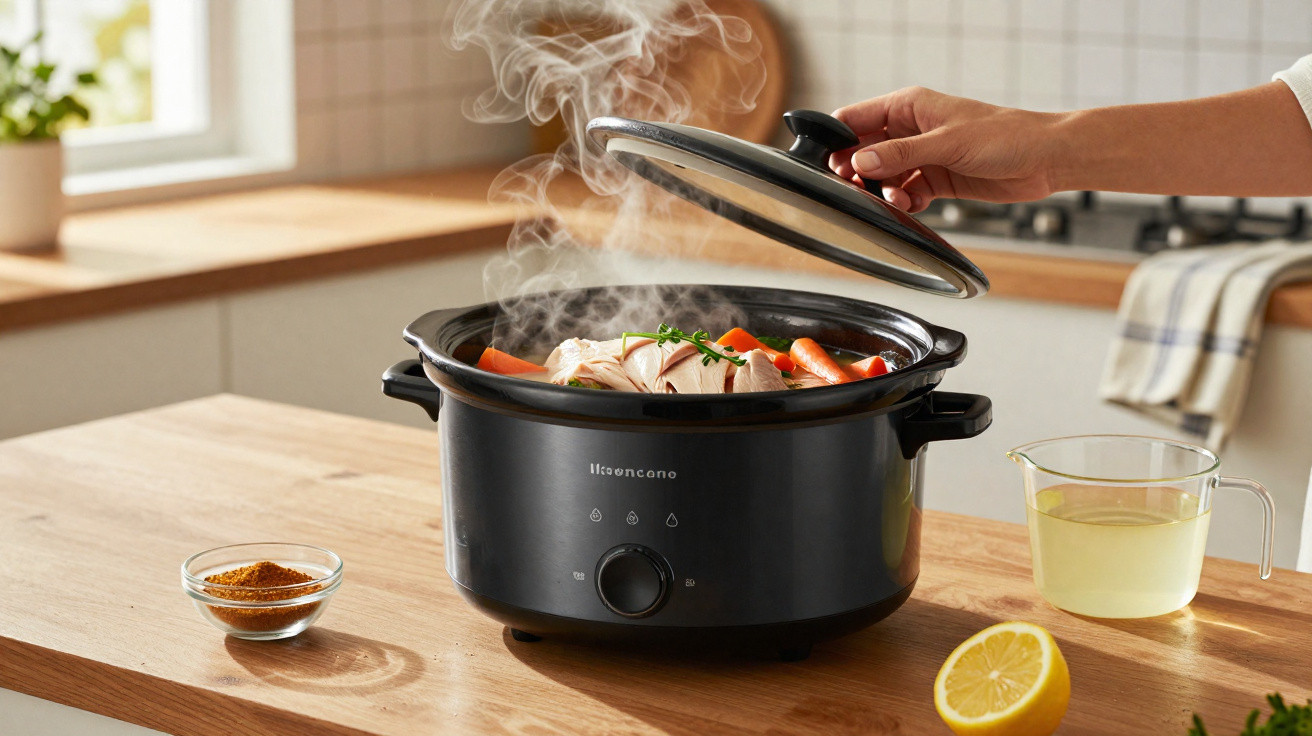 Panela elétrica com tampa a ser levantada, revelando frango e cenouras a cozinhar em vapor.