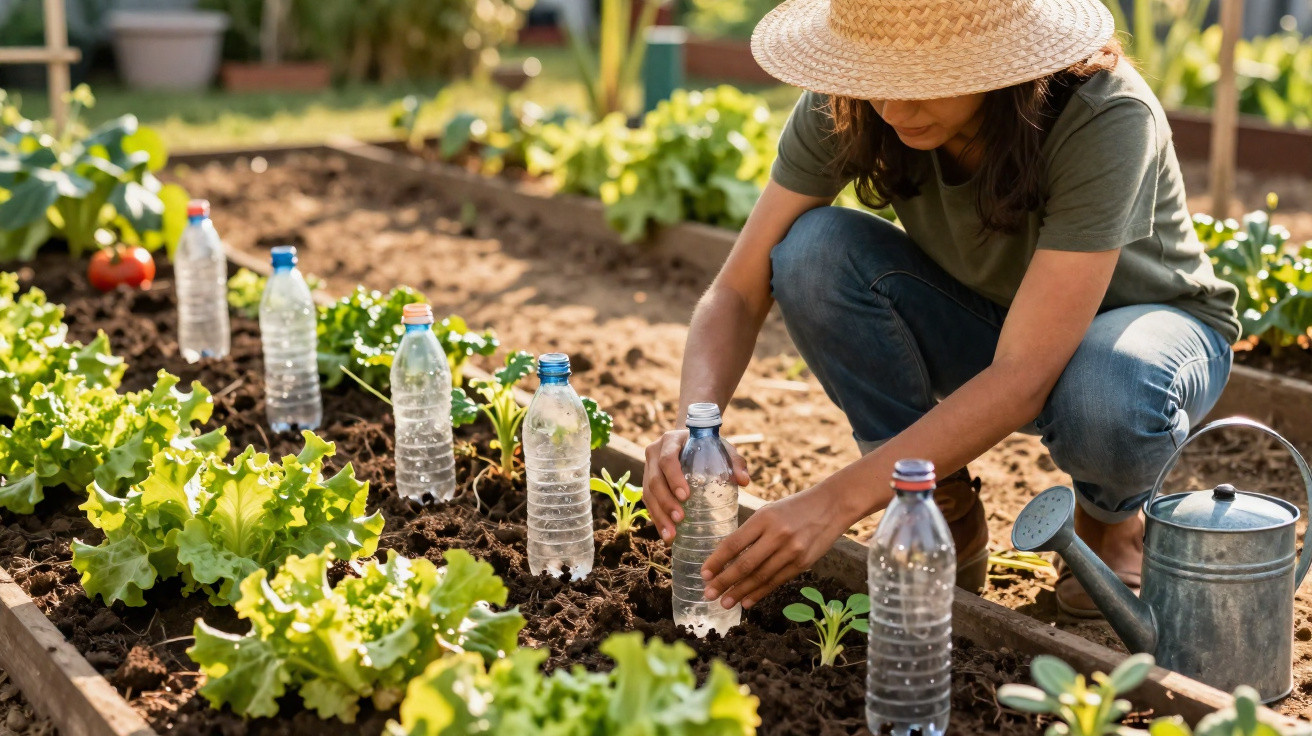 Mulher a cuidar de plantas numa horta, usando garrafas de plástico para proteger as mudas.