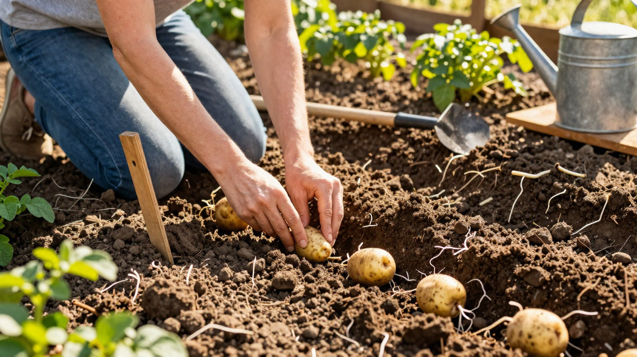 Pessoa a plantar batatas num canteiro de terra arada com ferramentas de jardinagem ao lado.