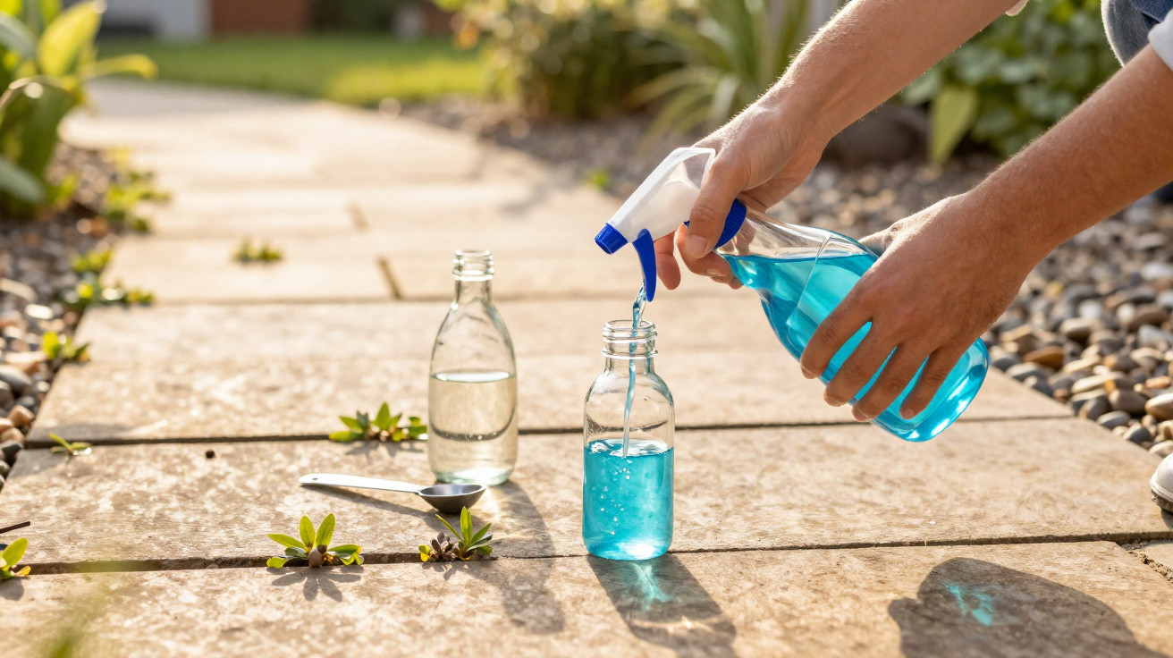 Pessoa a encher frasco de vidro com líquido azul de pulverizador no chão exterior com pedras e plantas pequenas.