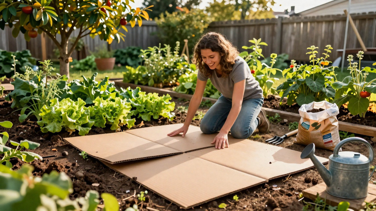Mulher a colocar papelão no solo do jardim, rodeada de plantas, regador e saco de adubo.