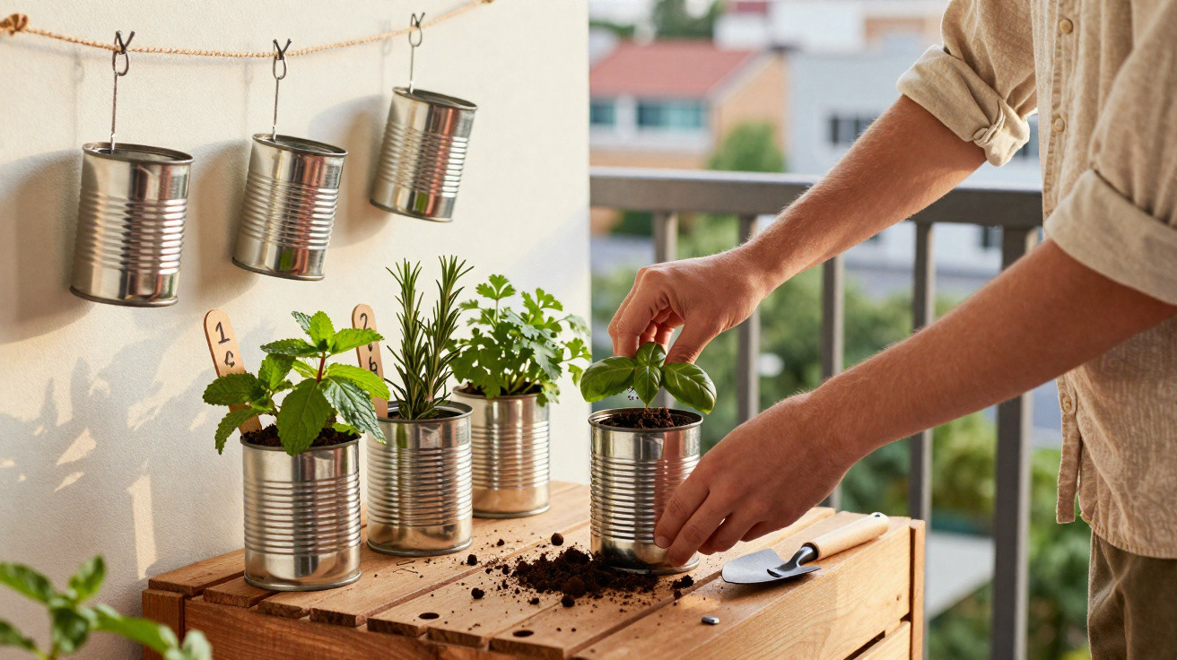 Pessoa a cuidar de plantas em latas reutilizadas num espaço exterior, com terra espalhada e utensílios de jardinagem.