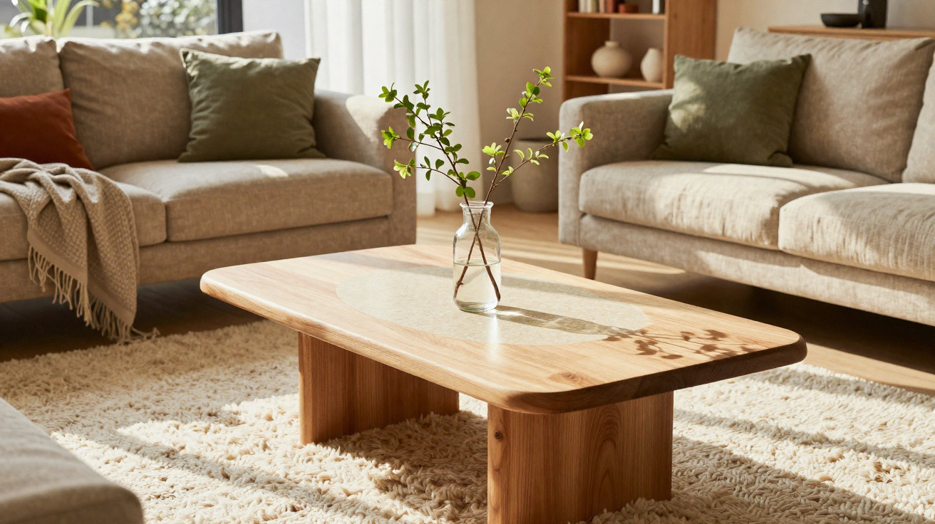 Sala de estar com sofá bege, mesa de centro em madeira clara e vaso com ramos verdes.