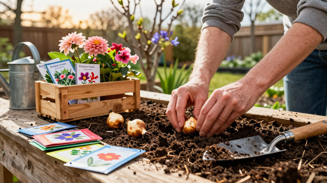 Mãos a plantar bulbos de flores num canteiro, com pacotes de sementes e flores coloridas ao lado.