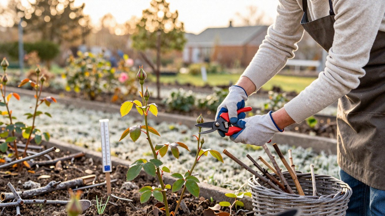 Pessoa a podar plantas num jardim com luvas e tesoura de poda durante o dia.