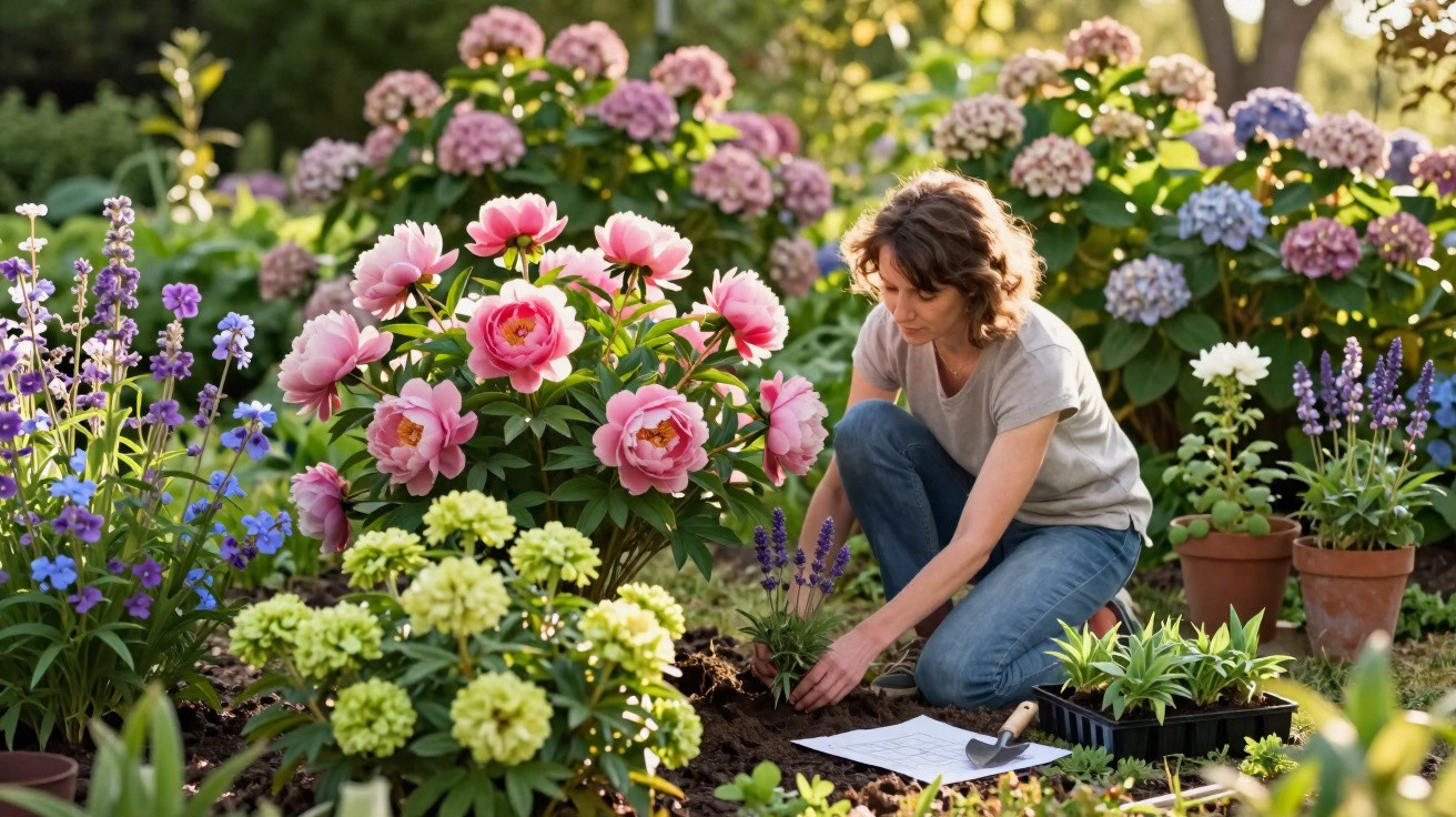 Mulher a cuidar de plantas num jardim florido com flores cor-de-rosa, lilás e verde, ao pôr do sol.