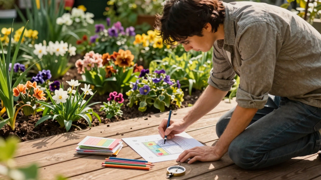 Homem ajoelhado a desenhar plantas num papel, ao lado de flores coloridas num jardim.