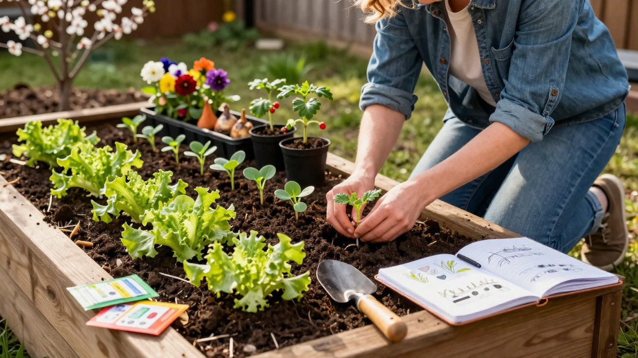 Pessoa a plantar mudas numa horta de madeira com várias plantas e livro de jardinagem aberto.