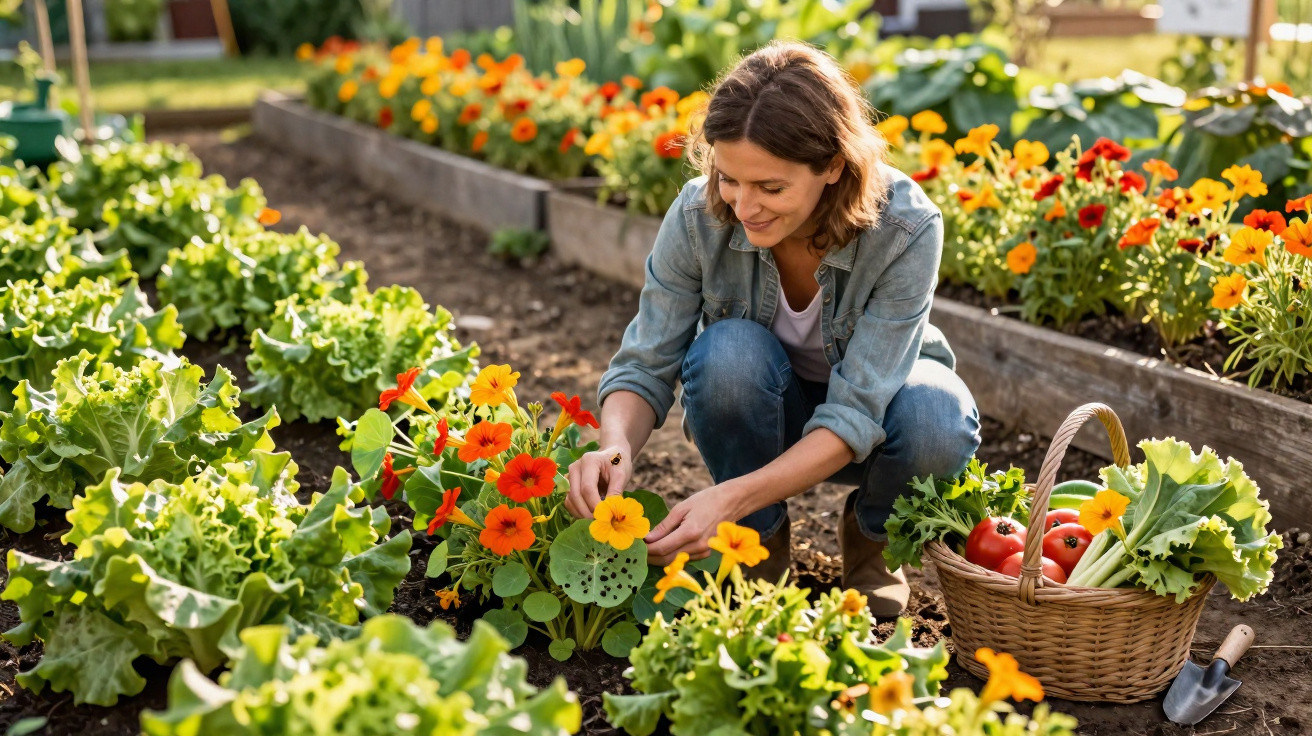 Mulher a cuidar de flores e legumes numa horta com cesta cheia de verduras e tomates à mão.